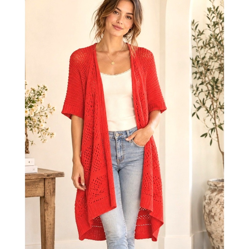 Anthropologie Guinevere In Summary Cardigan S Red Orange Open Knit Boho Crochet